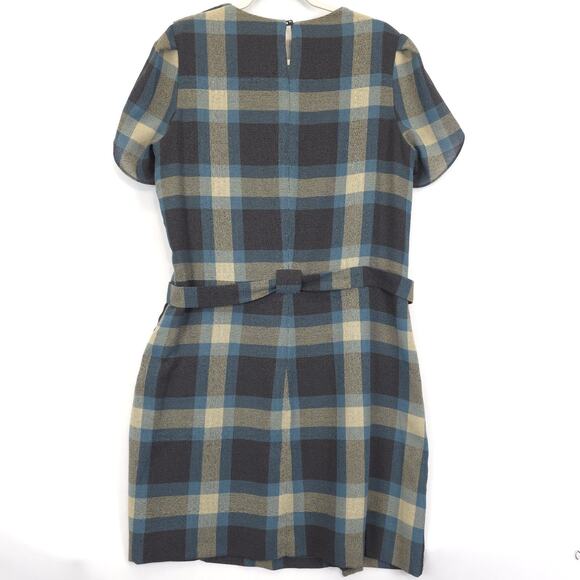 Nine West Shift Dress Plaid Gray Teal Belted Pedal Sleeves Women 14 Academia - Picture 4 of 15